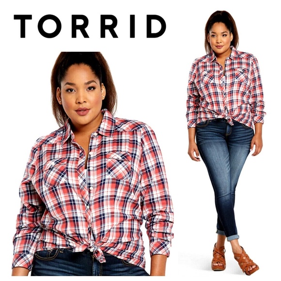 torrid Tops - Torrid 4X 26 28 Button Down Plaid Camp Shirt Top Tunic Red White Blue Chic!